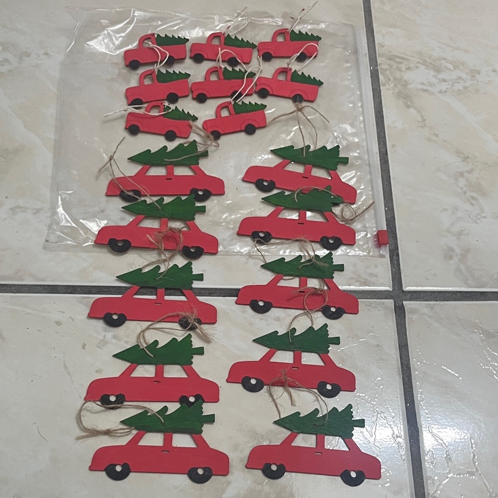 Red Car Christmas Ornaments with Green Trees